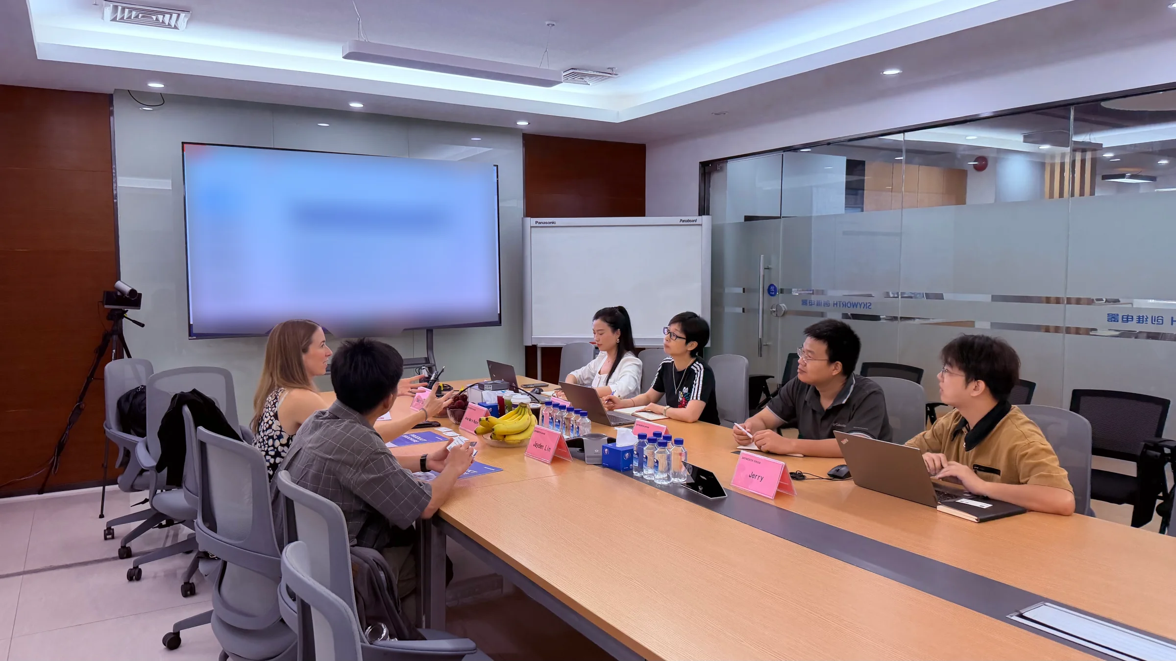 Anna and potential partners discussing the project in a Skyworth meeting room